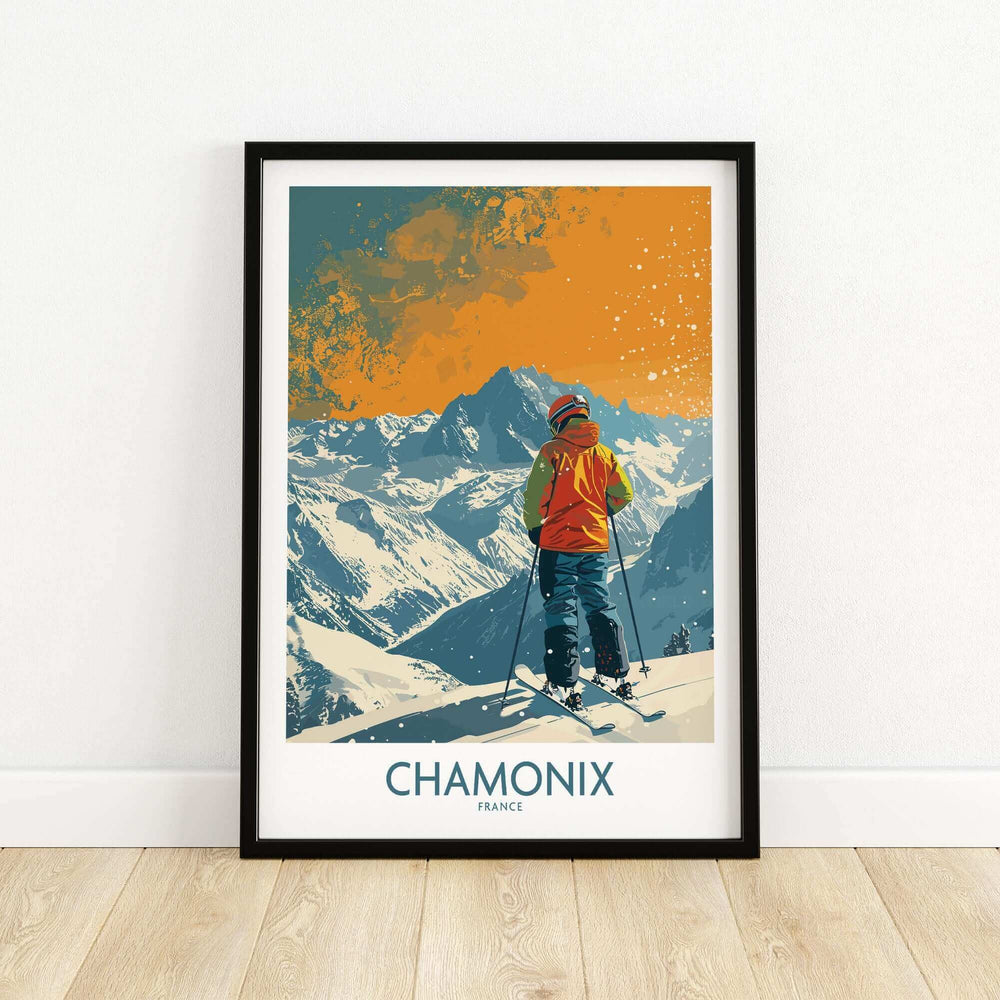 Chamonix Print France ski poster featuring a skier in the French Alps, perfect for home or office decor.