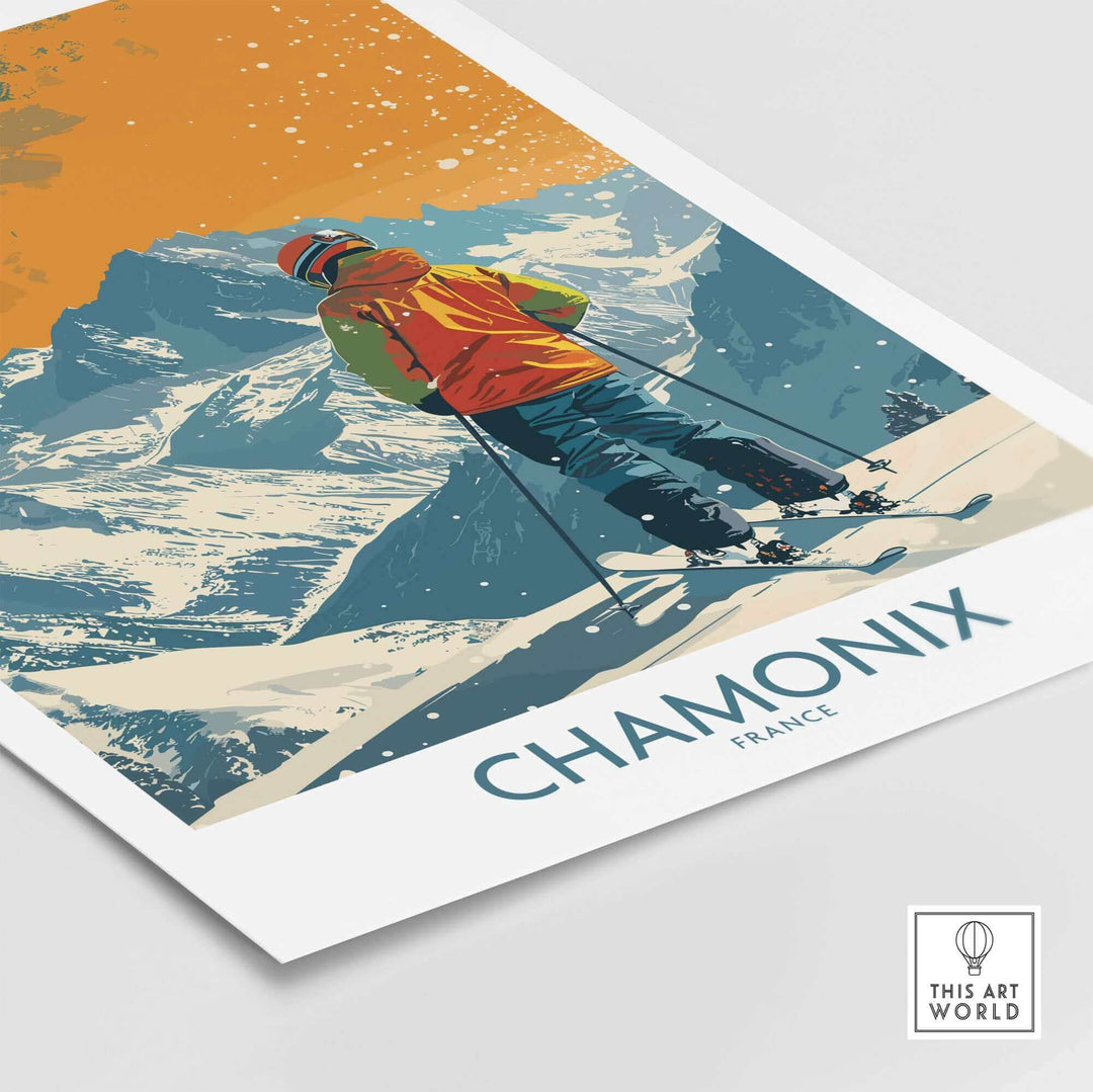 Chamonix Print France ski poster featuring skier and snowy French Alps, perfect for home or office decor.