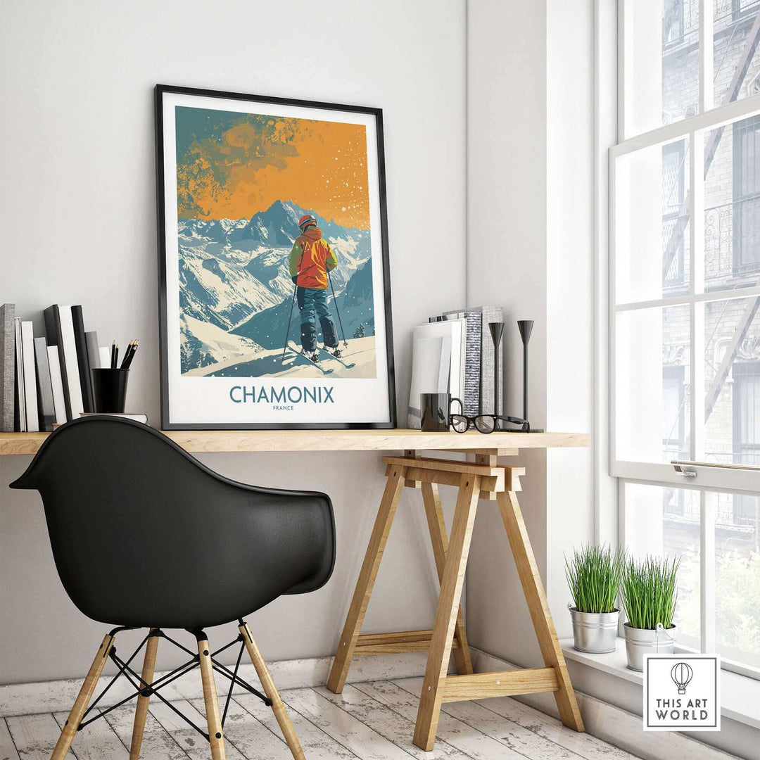 Chamonix ski poster print displayed in a modern home office setting, showcasing the beauty of the French Alps.