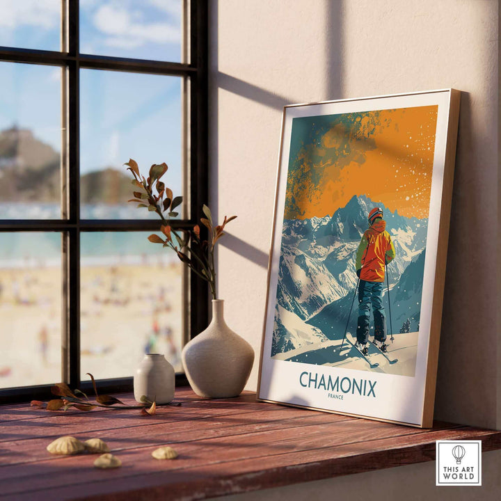 Chamonix Print France, capturing the beauty of the French Alps with a ski poster, displayed on a windowsill with decorative vases.