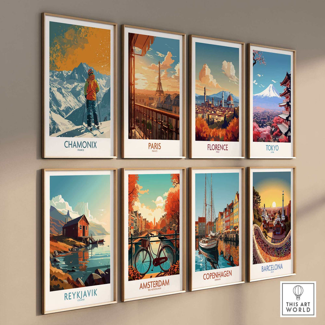 Gallery of travel posters featuring Chamonix, Paris, Florence, Tokyo, Reykjavik, Amsterdam, Copenhagen, and Barcelona.