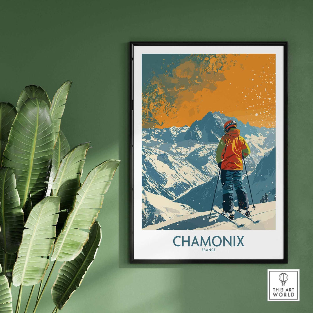 Ski poster of Chamonix, France with skier and mountain scene, set in a stylish frame against a green background.