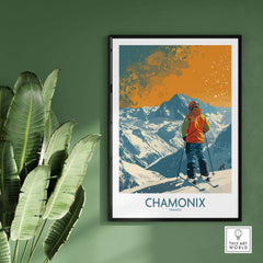Ski poster of Chamonix, France with skier and mountain scene, set in a stylish frame against a green background.