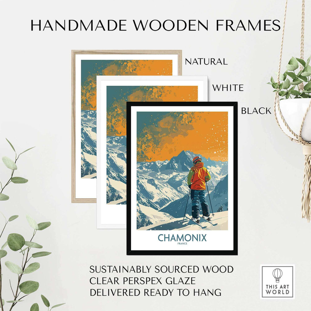 Chamonix Print France ski poster in handmade wooden frames with natural, white, and black options, showcasing the French Alps.