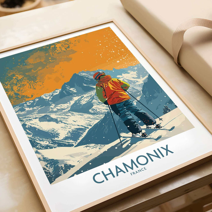 Vintage ski poster of Chamonix, France with skier on snowy slopes against mountain backdrop. Perfect decor for home or office.