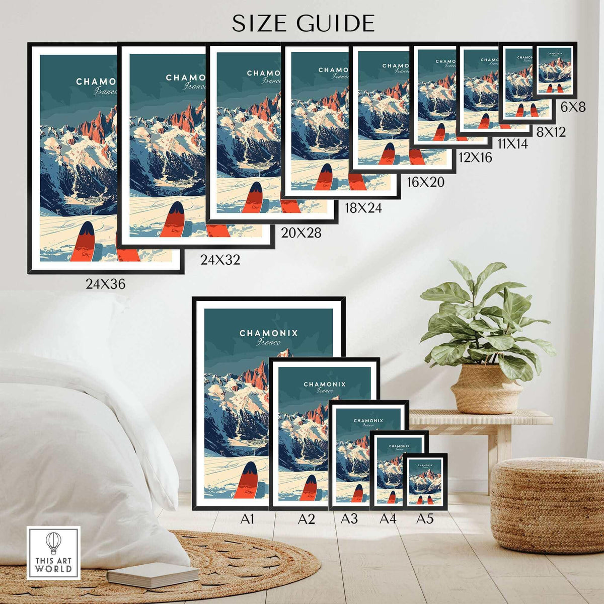 Chamonix Ski Poster in multiple sizes, showcasing stunning Alpine vistas and ski slopes, ideal for ski enthusiasts’ home decor.