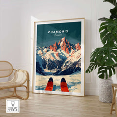 Chamonix Ski Poster featuring stunning French Alps vistas and ski slopes, perfect wall art for ski enthusiasts and home decor.