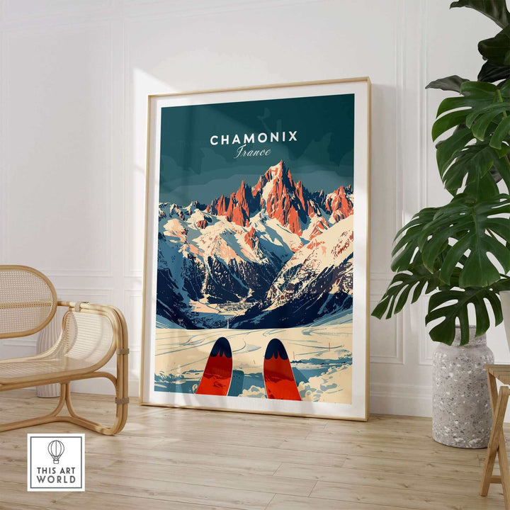 Chamonix Ski Poster featuring stunning French Alps vistas and ski slopes, perfect wall art for ski enthusiasts and home decor.