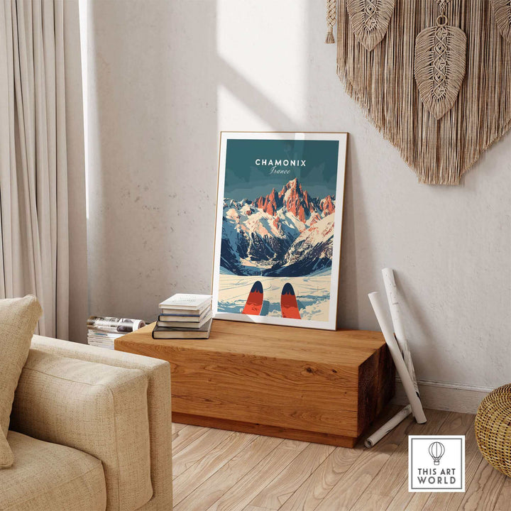 Chamonix Ski Poster displayed in cozy living room, featuring stunning French Alps scenery and red skis, perfect for ski enthusiasts.