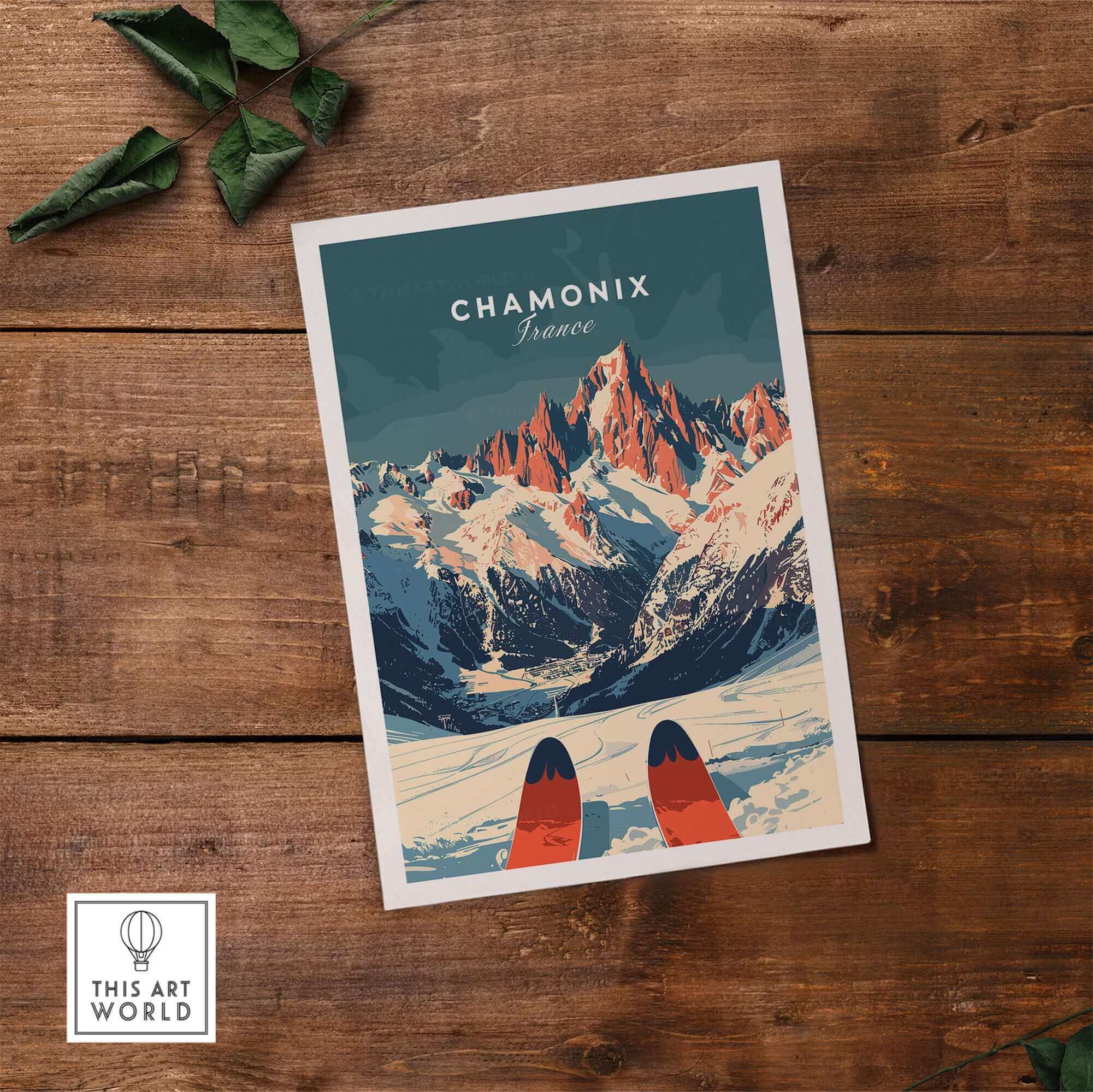 Chamonix Ski Poster featuring scenic French Alps with ski tips, on rustic wooden surface.