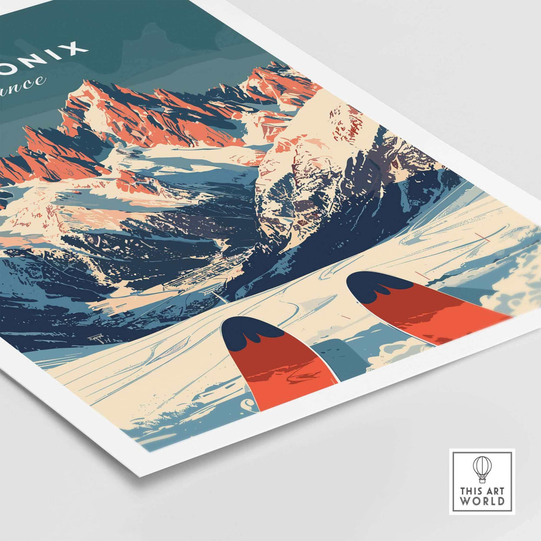 Chamonix Ski Poster with scenic Alpine vista and vibrant skis, capturing the thrill of the French Alps for ski enthusiasts.