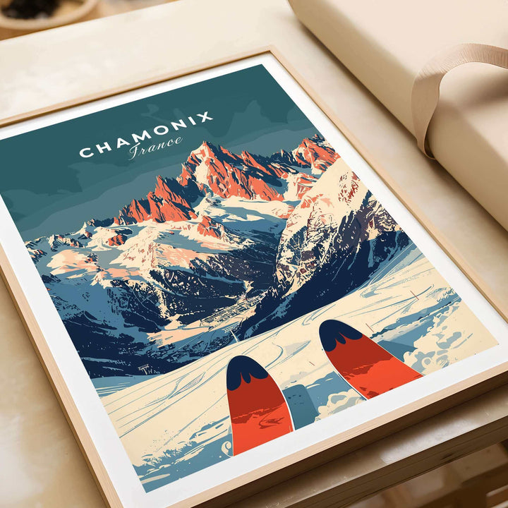 Chamonix Ski Poster showcasing the French Alps with snow-capped peaks and skier's view, perfect for ski enthusiasts.