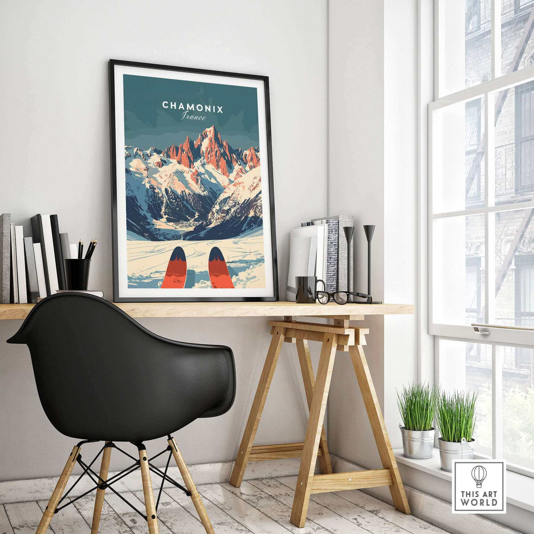 Chamonix Ski Poster in modern room with mountains and skis, inspiring French Alps ski trip decor.