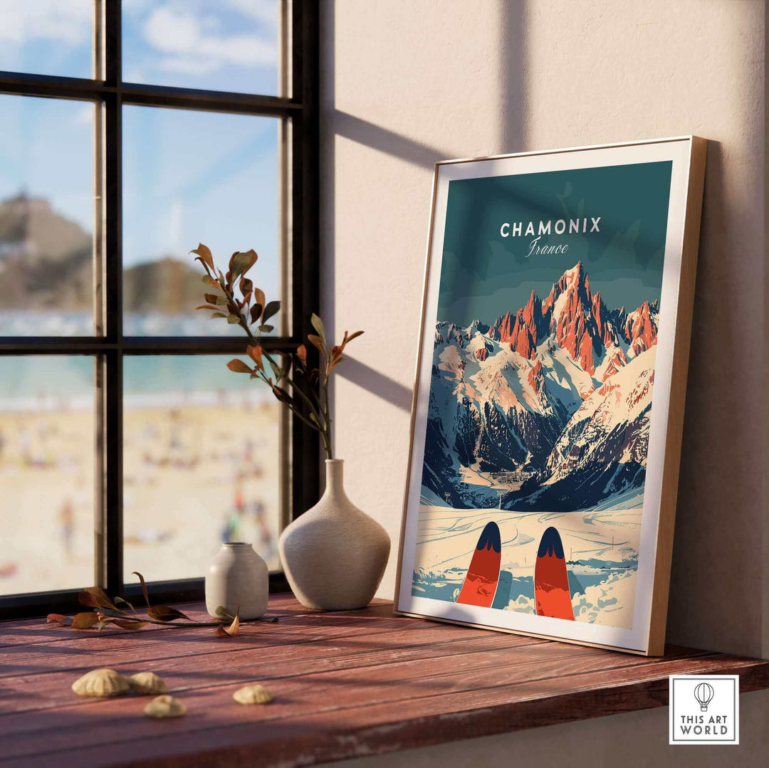 Chamonix Ski Poster showcasing the French Alps with snow-capped peaks, perfect ski decor for enthusiasts.