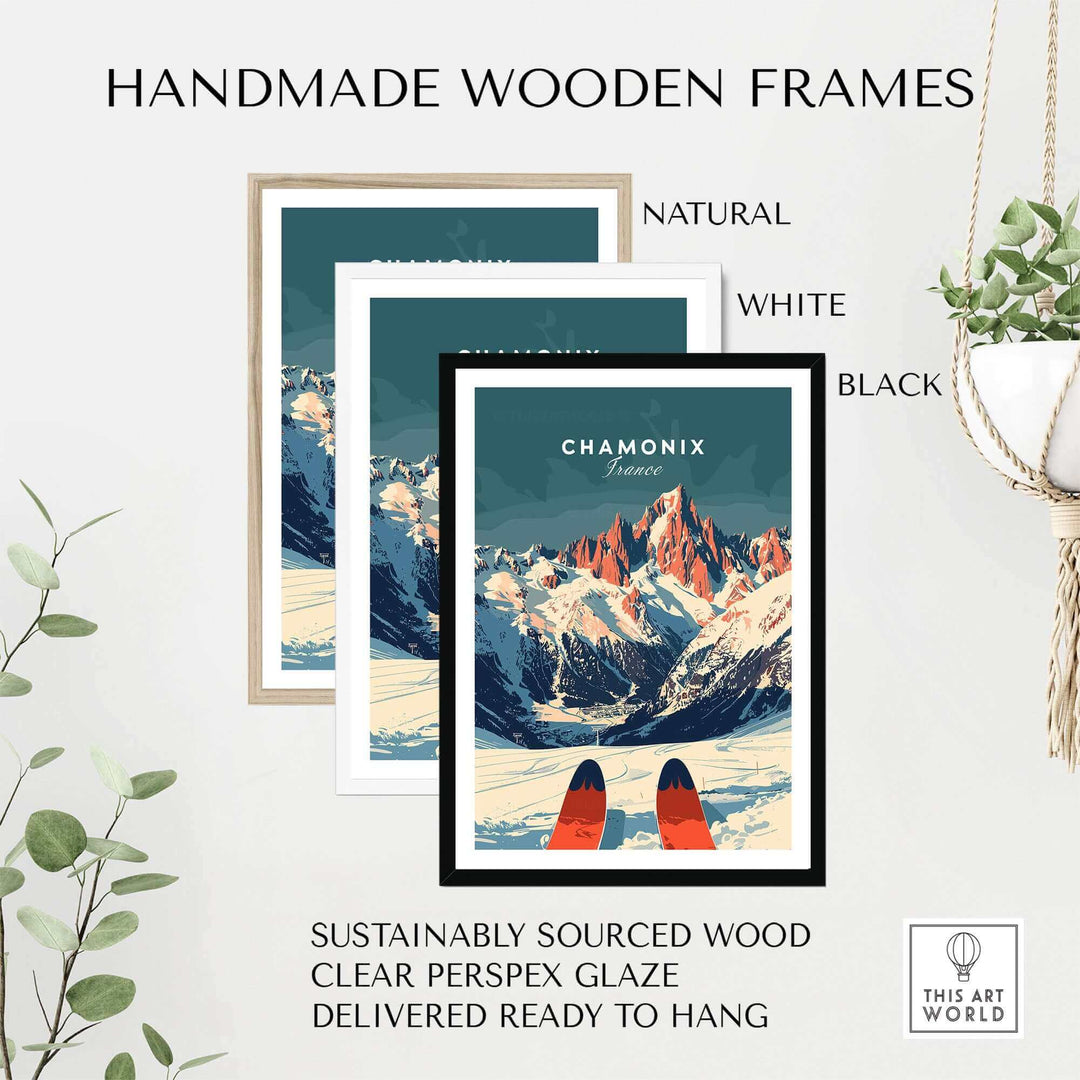 Chamonix Ski Poster in handmade wooden frames, available in natural, white, and black. Sustainable wood and ready to hang.