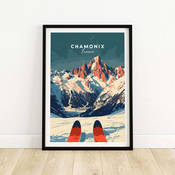 Chamonix Ski Poster featuring stunning French Alps vista and ski slopes in a stylish frame, perfect ski print for home decor.