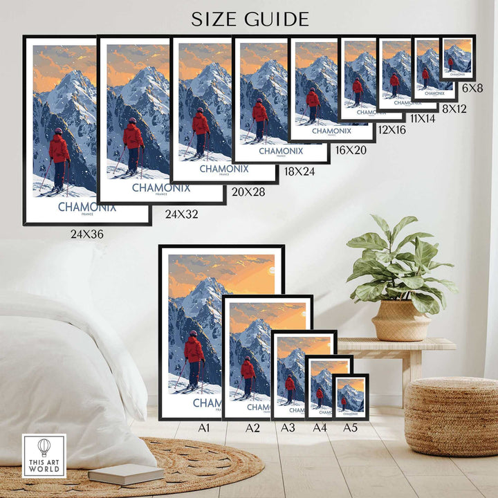 size guide for Chamonix Ski Print showcasing various frame sizes against a stylish home decor setting.