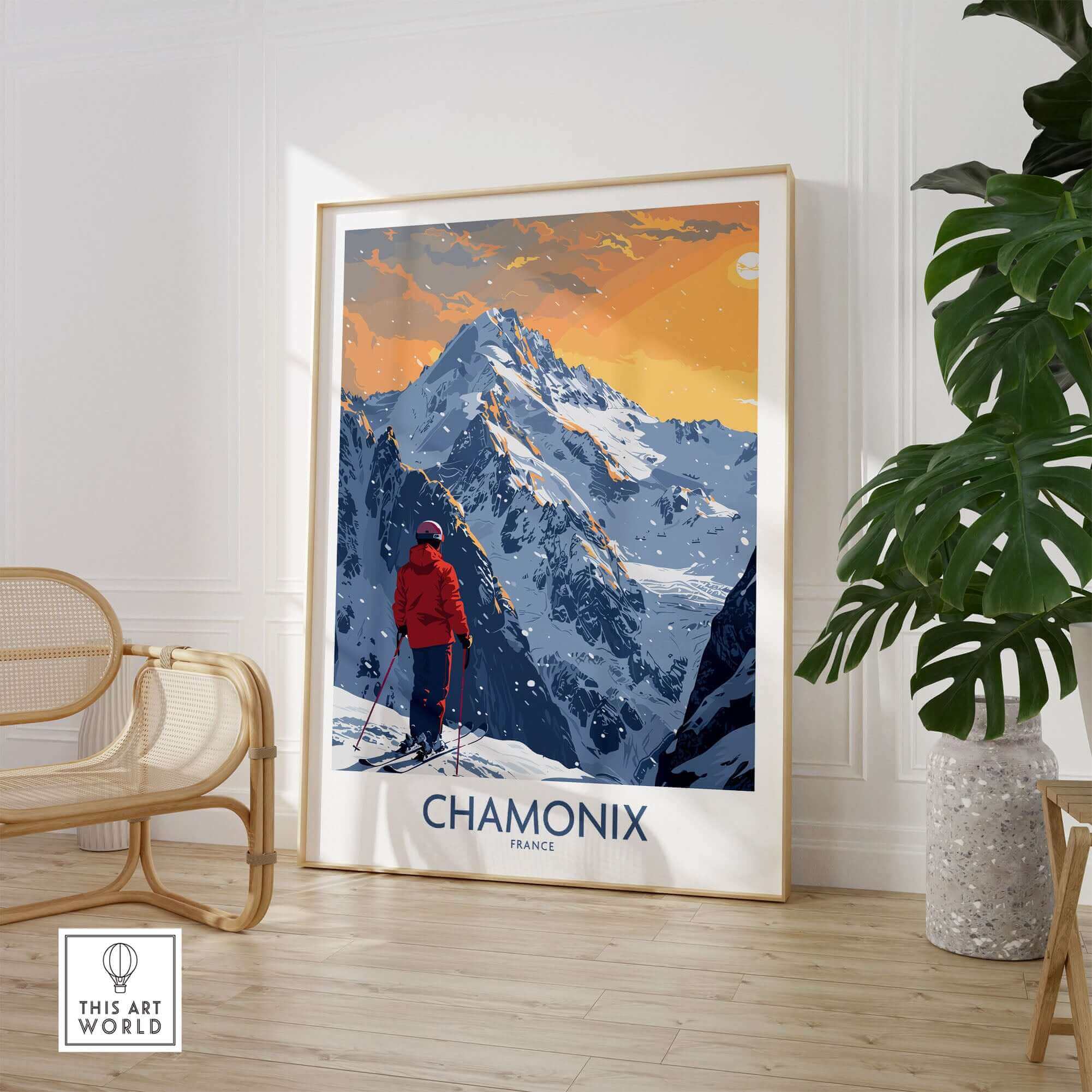 Chamonix ski print showcasing a skier against a stunning French Alps sunset, perfect for home decor and adventure inspiration.