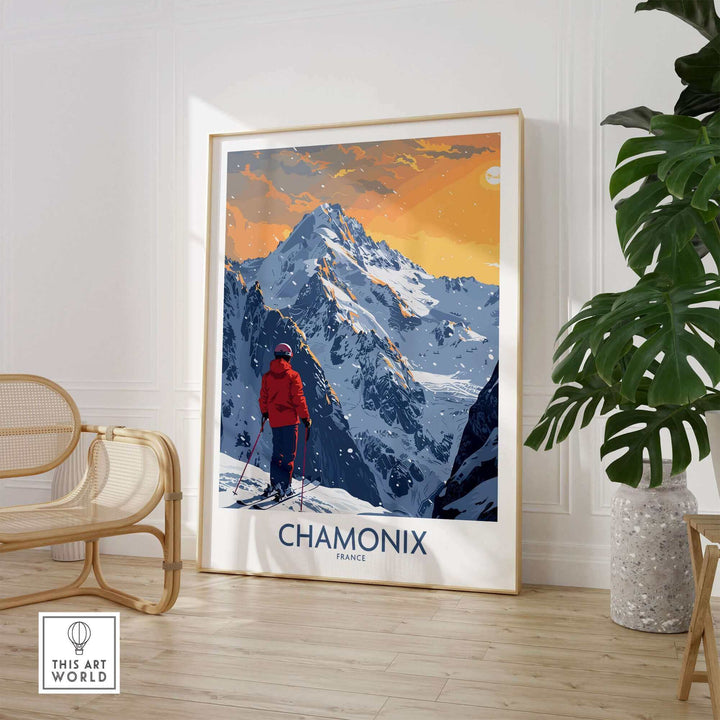 Chamonix ski print showcasing a skier against a stunning French Alps sunset, perfect for home decor and adventure inspiration.