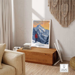 Chamonix ski print showcasing a skier against the backdrop of the French Alps, perfect for home decor and adventure inspiration.