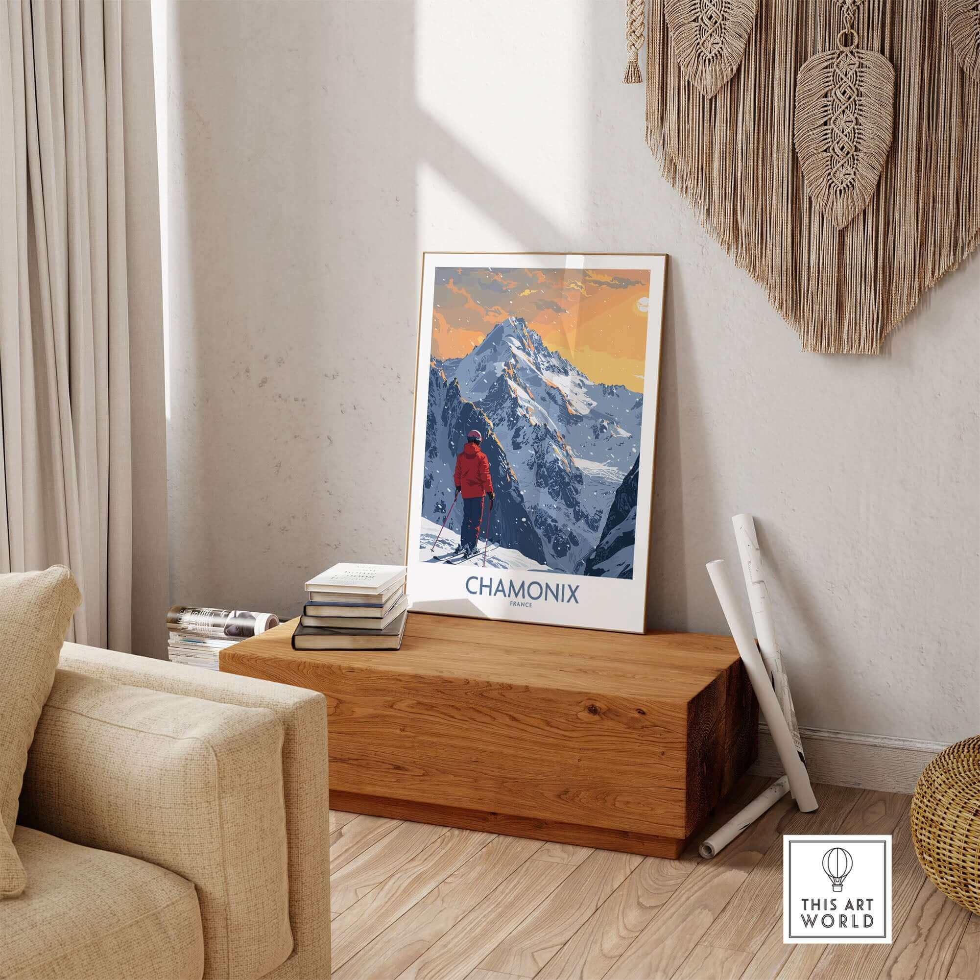 Chamonix ski print showcasing a skier against the backdrop of the French Alps, perfect for home decor and adventure inspiration.
