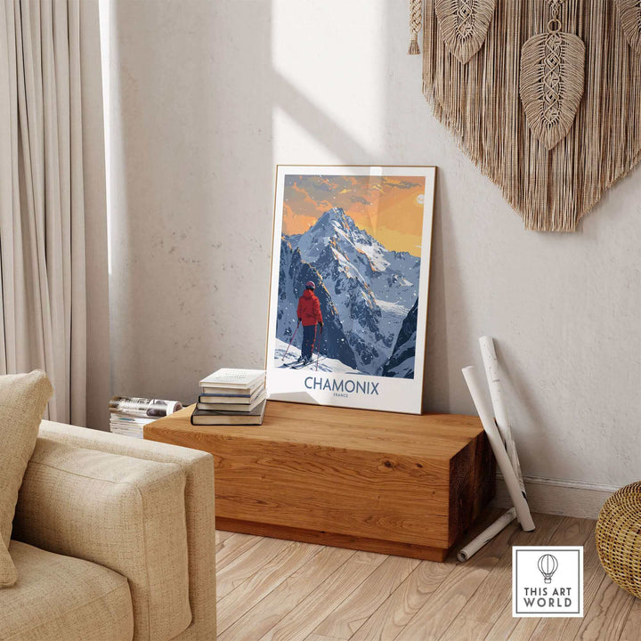 Chamonix ski print showcasing a skier against the backdrop of the French Alps, perfect for home decor and adventure inspiration.