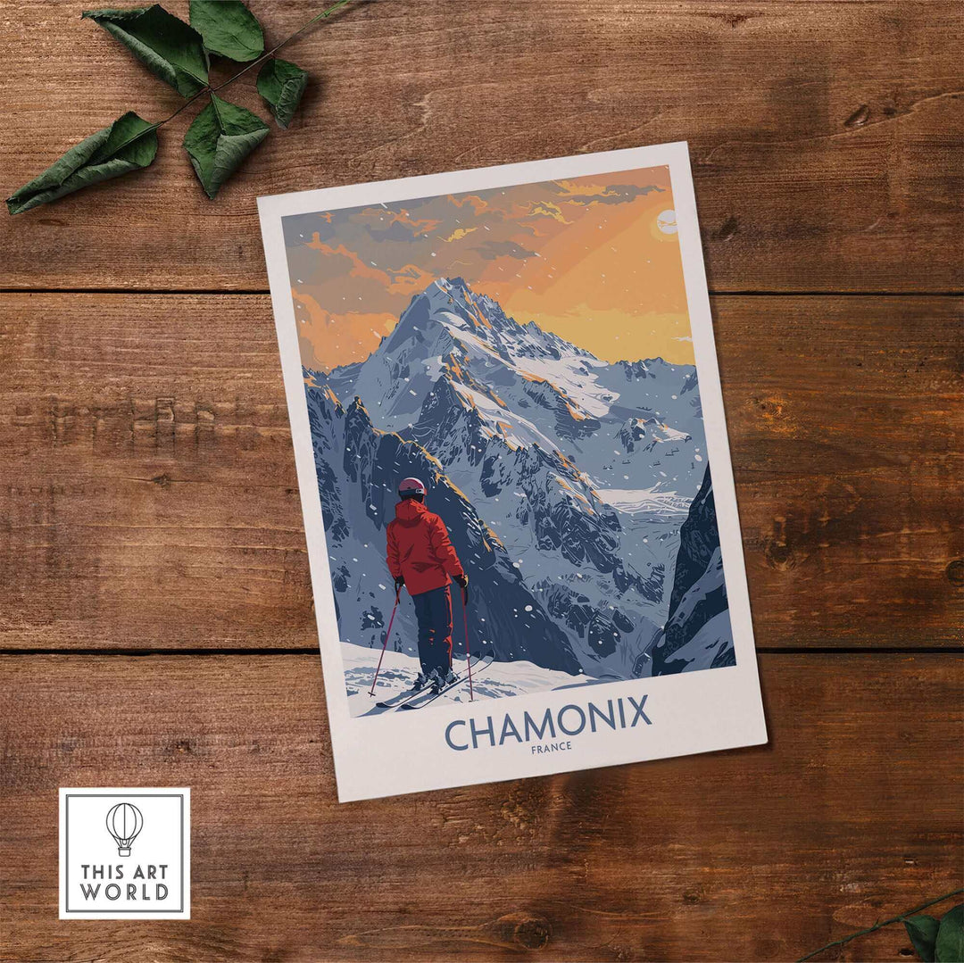 Chamonix Ski Print showcasing a skier in the French Alps, capturing the beauty of winter sports adventure in France.