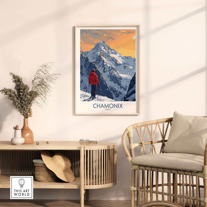 Chamonix ski print featuring a mountain landscape and skier, capturing the adventure of the French Alps.