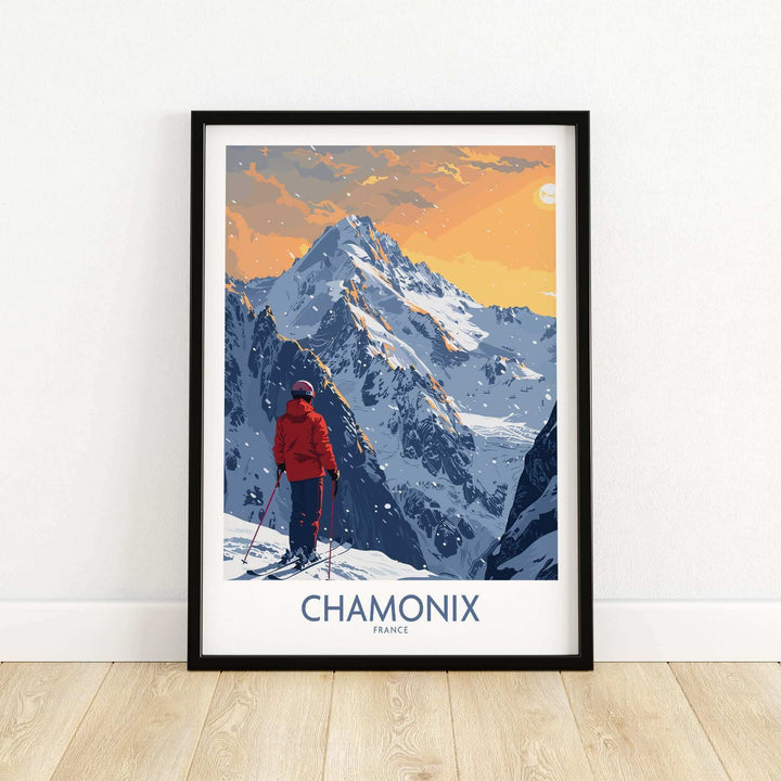 Chamonix ski print featuring a skier in a red jacket with snow-capped mountains at sunset in the French Alps.