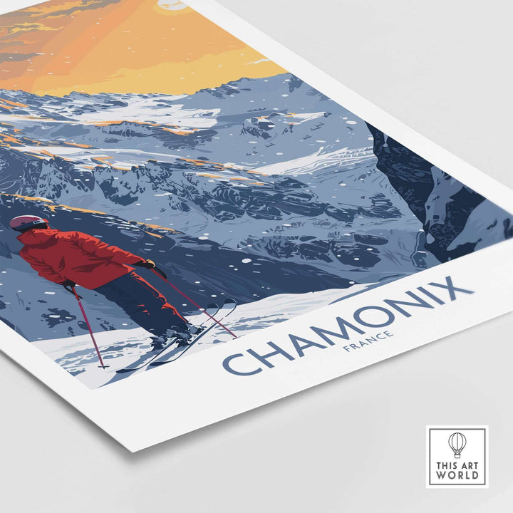 Chamonix ski print featuring a skier against the stunning backdrop of the French Alps at sunset.