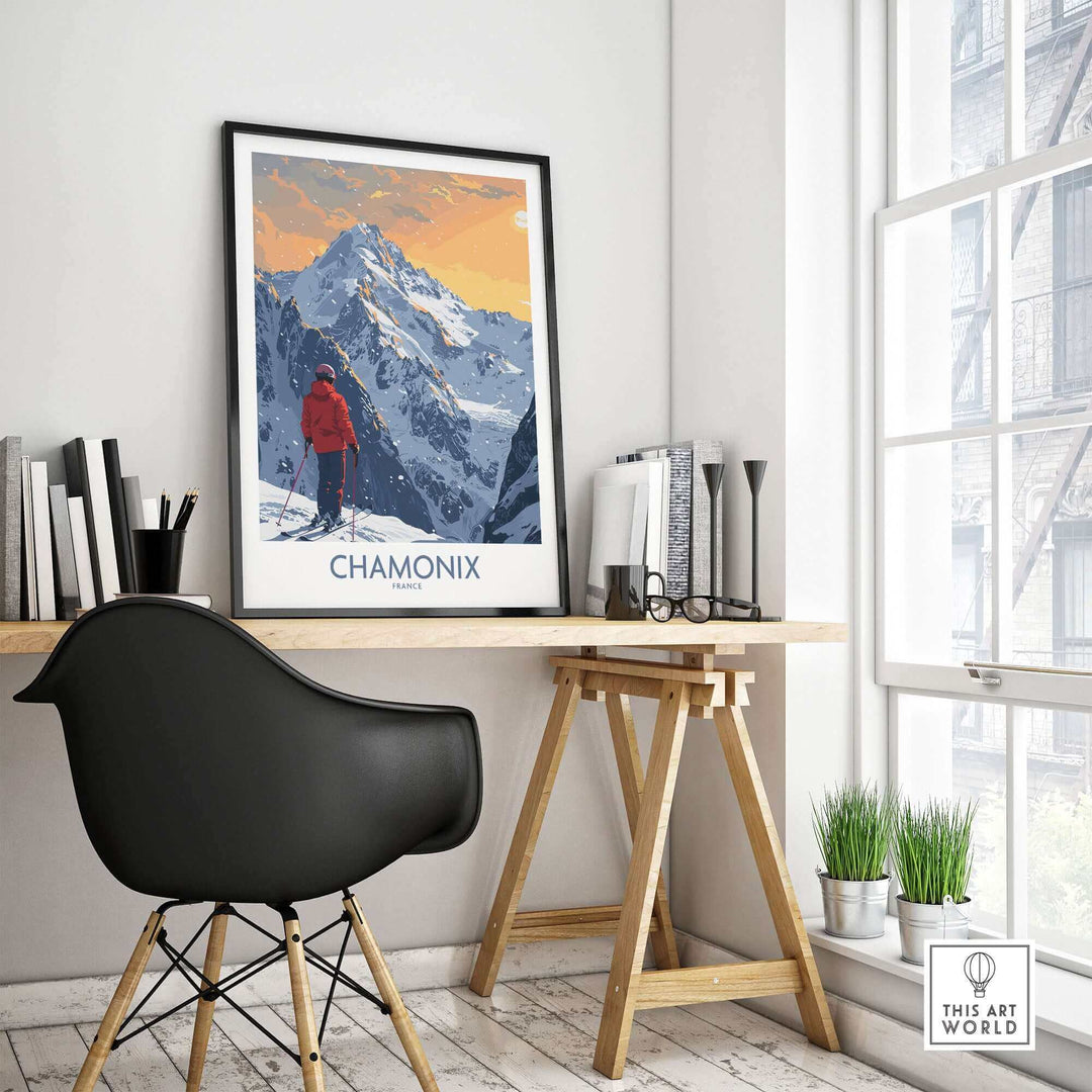 Chamonix ski print featuring a skier in front of majestic mountain scenery, perfect for home decor and alpine adventure inspiration.