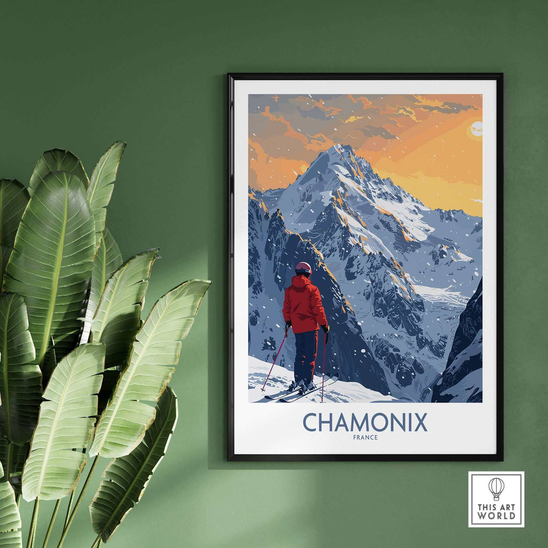 Chamonix ski print featuring a skier against the stunning French Alps, perfect for inspiring winter adventures.