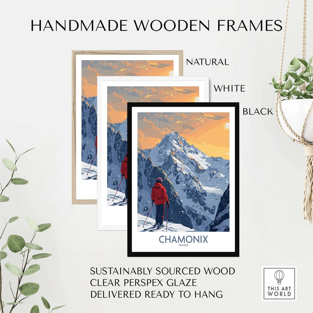 Chamonix ski print displayed in handmade wooden frames in natural, white, and black options, ready to hang.