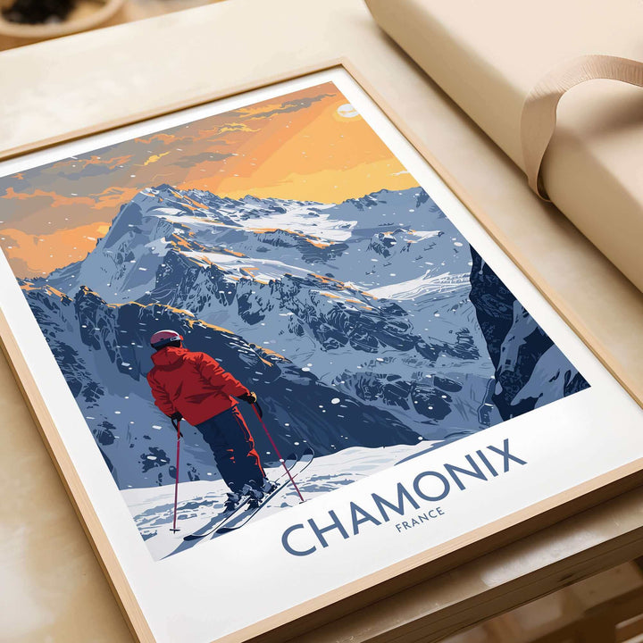 Chamonix ski print featuring a skier in red against a backdrop of the French Alps at sunset. Perfect for ski enthusiasts.