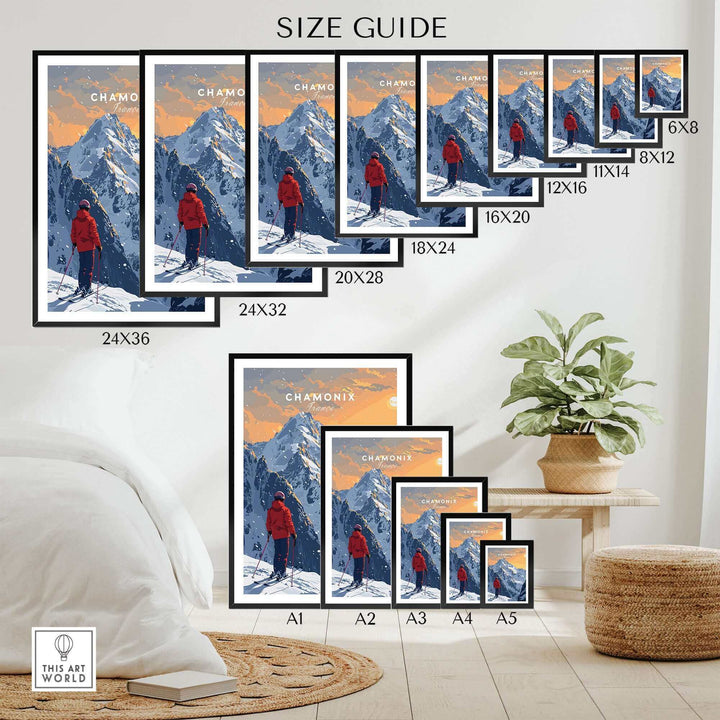 Chamonix travel poster size guide with various frame sizes displayed in a stylish setting with plants and decor.