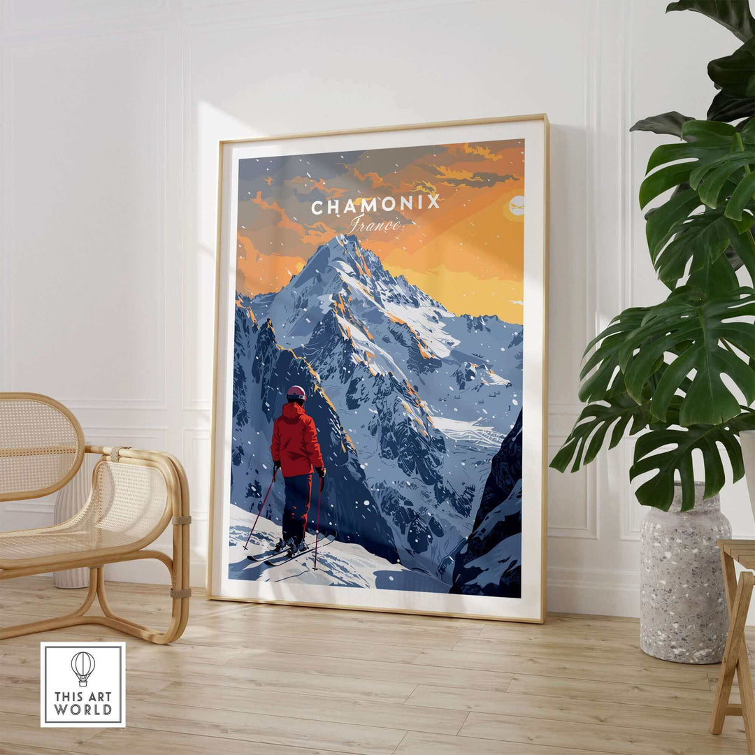 Chamonix travel poster depicting a skier against a stunning mountain backdrop, perfect for winter getaway inspiration.