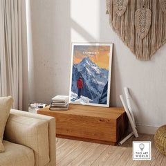 Chamonix travel poster showcasing a winter landscape with mountains and a hiker in a red jacket, perfect for adventure lovers.