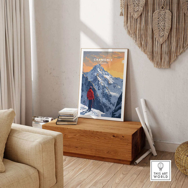 Chamonix travel poster showcasing a winter landscape with mountains and a hiker in a red jacket, perfect for adventure lovers.