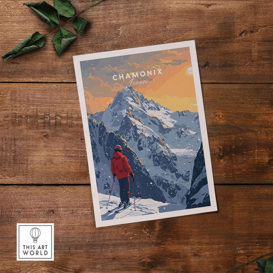 Chamonix travel poster showcasing a skier against the stunning mountains of France, perfect for winter adventure decor.