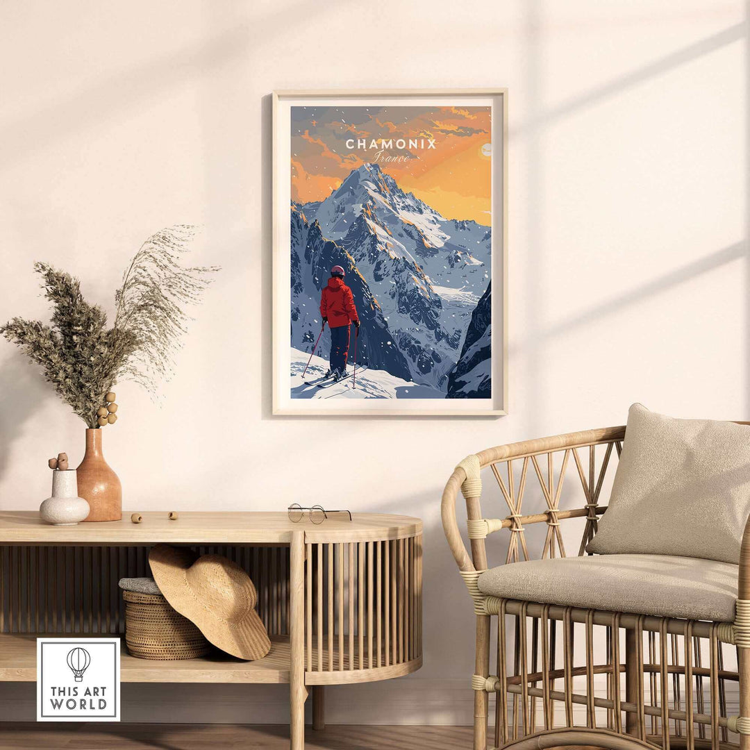 Chamonix travel poster showcasing snow-capped mountains and skier in red, perfect for winter getaway inspiration.