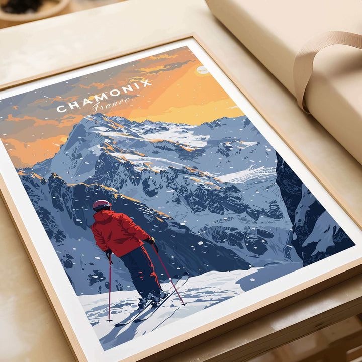 Chamonix travel poster featuring a skier against a stunning winter mountain backdrop in France. Perfect for adventure lovers!