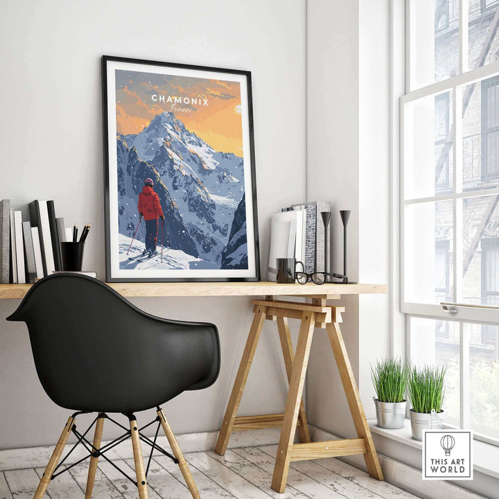 Chamonix travel poster featuring a skier against a mountain backdrop in a stylish home office setting.