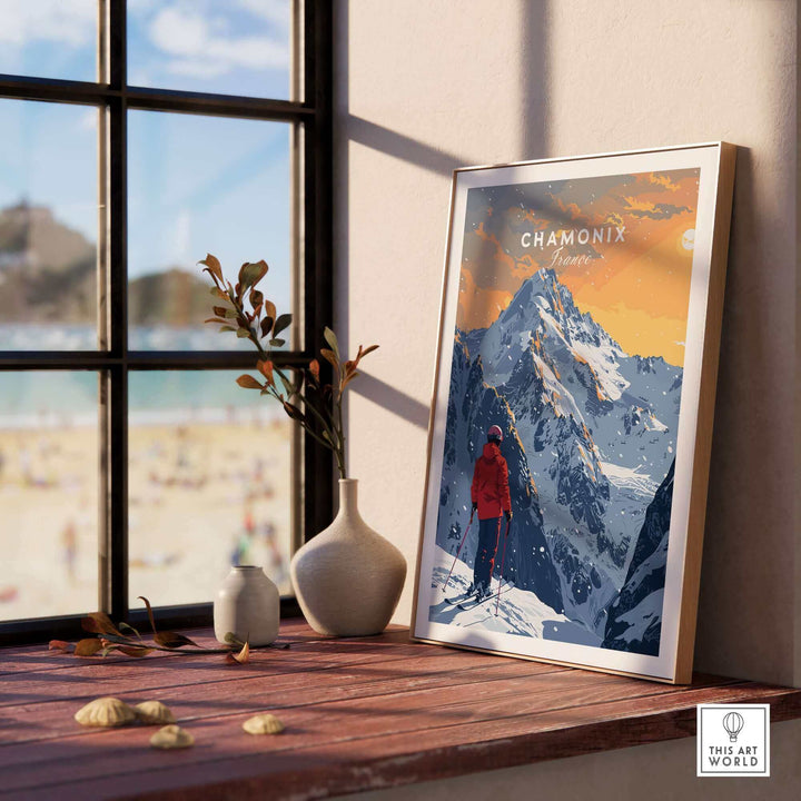 Chamonix travel poster showcasing snowy mountains, perfect for inspiring winter adventure decor in a stylish interior setting.