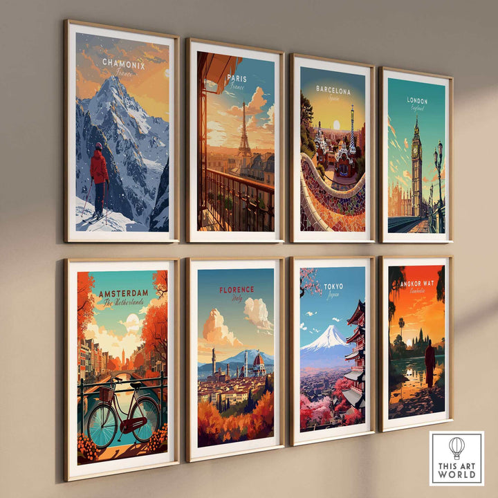 Collage of travel posters featuring Chamonix, Paris, Barcelona, London, Amsterdam, Florence, Tokyo, and Angkor Wat.