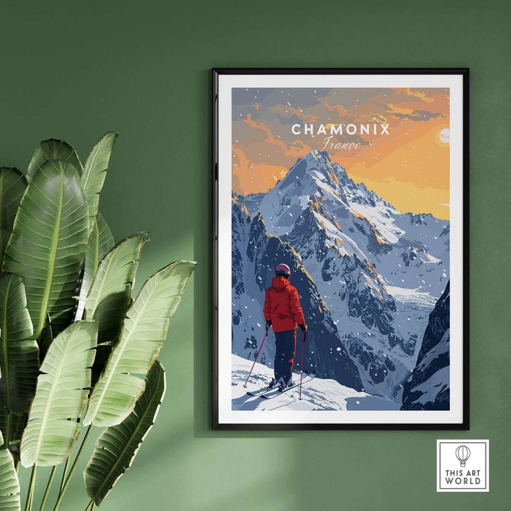 Chamonix Travel Poster featuring a skier against a stunning mountain backdrop, capturing the beauty of France's ski resort.