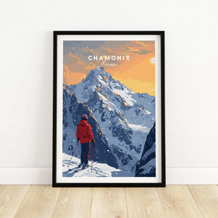 Chamonix travel poster featuring a skier in red against a stunning mountain backdrop in France. Perfect for winter getaway inspiration.