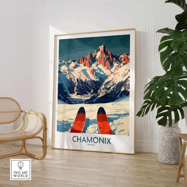 Chamonix Wall Art Poster with ski design, featuring stunning mountain scenery, enhancing modern home decor with luxury and adventure.