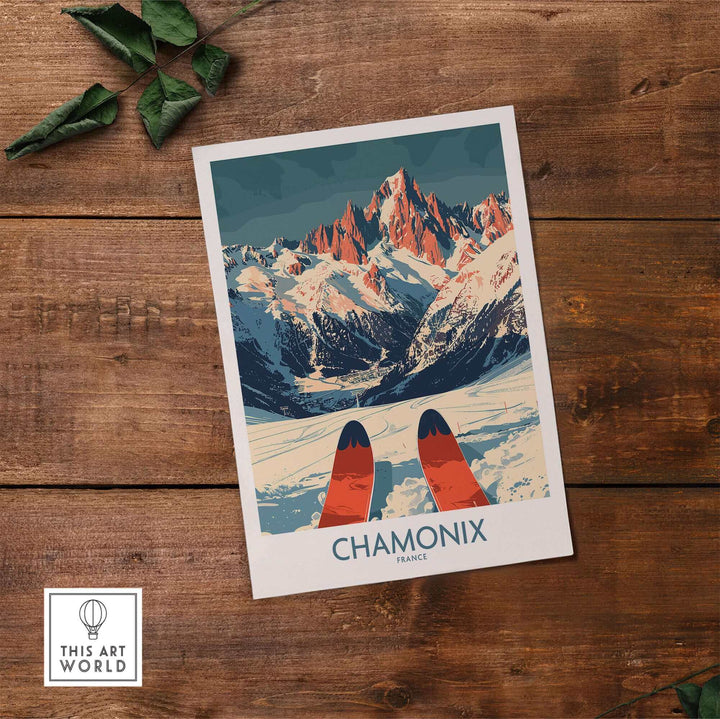 Chamonix wall art poster with ski design on wooden table, showcasing mountain scenery for home decor enhancement.