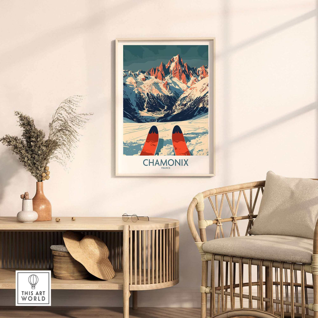 Chamonix Wall Art Poster showcasing ski-inspired mountain scene in home setting, perfect for adding adventure and luxury to decor.