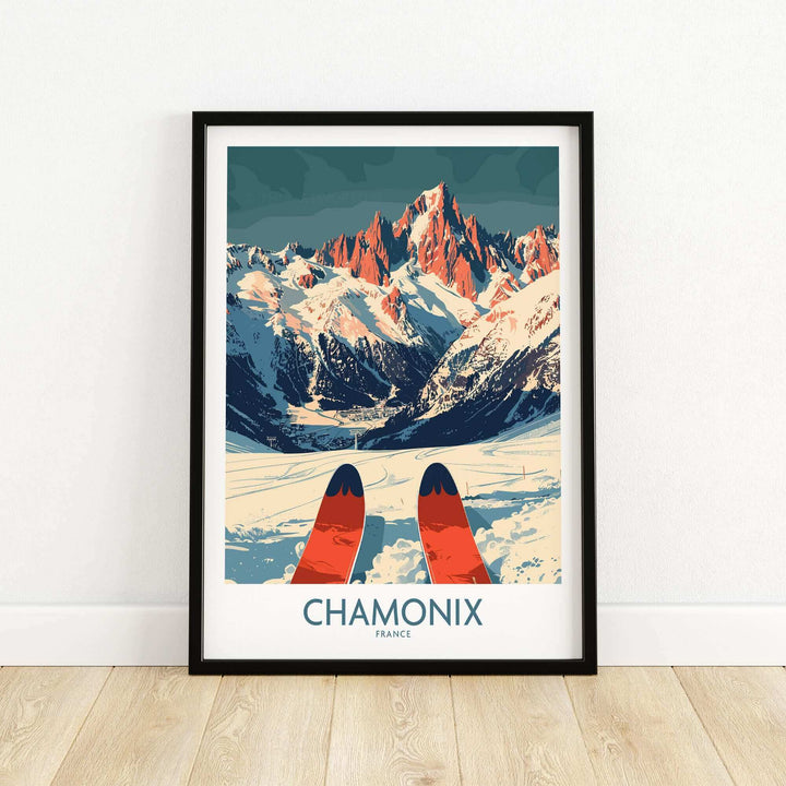 Chamonix Wall Art Poster featuring vibrant ski landscape with mountains, perfect for adding adventure to home decor.